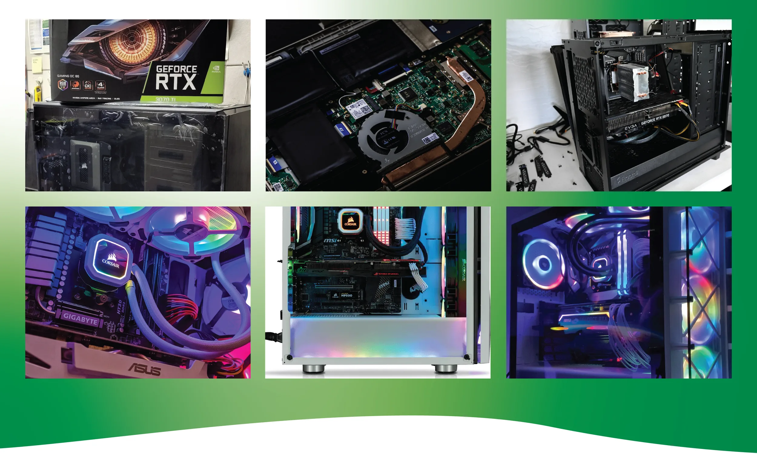 A selection of ICS custom PC builds and repairs — GeForce RTX graphics cards, laptop servicing and bespoke RGB gaming rigs with Corsair, ASUS, MSI and Gigabyte components.